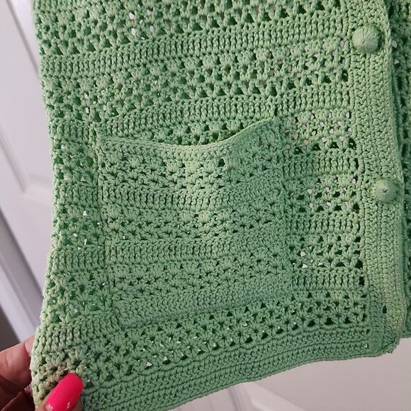 INC Women's Seafoam Green 3/4 Sleeve Open Knit Button Silk Cardigan Size SM - Picture 4 of 9